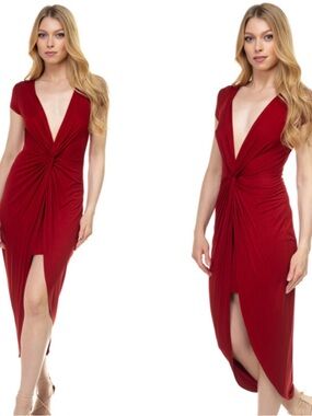 Haute Monde Deep Red Twist-Front Midi Dress